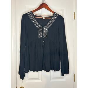 Knox Rose Top Womens S Black Embroidered Boho Peasant Bell Sleeve Blouse